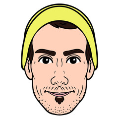 hipster with yellow hat and beard.  Head, avatar, comic.