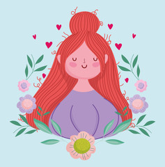 happy mothers day, woman with hair cartoon flowers decoration