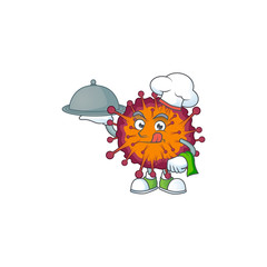 chef cartoon character of COVID19 syndrome with food on tray