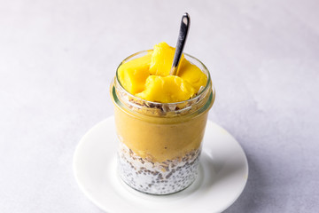 Tasty Coconut Mango Chia Seed Pudding Healthy or Diet Dessert Vegan Horizontal Superfood