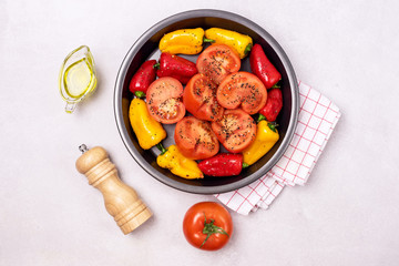 Big Black Plate with Vegetables Plate of Ripe Peppers and Tomatoes with Spices Ready to Grill Vegetadian Healthy Dinner Salt Oil