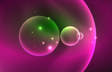 Neon shiny transparent glowing circles with light effects. Techno futuristic vector abstract background For Wallpaper, Banner, Background, Card, Book Illustration, landing page