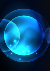 Glowing neon shiny transparent bubbles, glass circles or bio cell concept. Techno futuristic vector abstract background For Wallpaper, Banner, Background, Card, Book Illustration, landing page