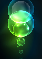 Glowing neon shiny transparent bubbles, glass circles or bio cell concept. Techno futuristic vector abstract background For Wallpaper, Banner, Background, Card, Book Illustration, landing page
