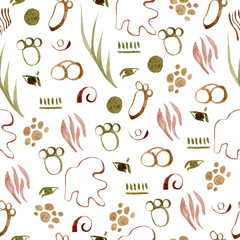 Hand painted doodle abstract seamless pattern with  jungle element. Childish style pattern. White Waves, dots, stain, blot, skin,eyes. Summer Africa background for kids.