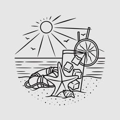 vacation summer beach vintage vector line art illustration. isolated vector.