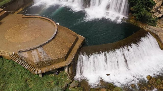 Aerial view of Pliva waterfalls in Jajce city. Bosnia and Herzegovina