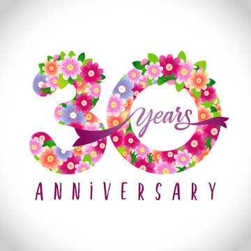 30 th anniversary numbers. 30 years old logotype. Floral pink congrats. Isolated abstract graphic design template. Creative holiday digits with vector mask. Up to 30%, -30% percent off discount.