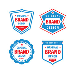 Design graphic badge logo vector set in retro vintage style. Original brand design, vintage premium quality. Promotion sticker. Retro vintage emblems. Blue & red colors.