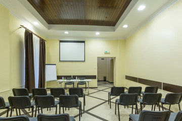Interior of a conference room in hotel ready for a meeting