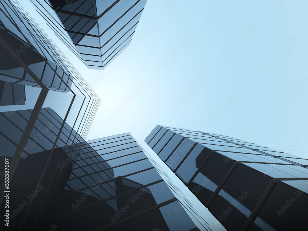 Poster view of glass building on blue sky background,business concept of future architecture,looking up to 