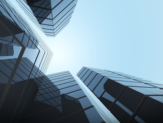 View of glass building on blue sky background,Business concept of future architecture,looking up to the light on the top of building. 3d rendering.