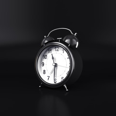 Naklejka premium Black alarm clock on a black background, 3D render