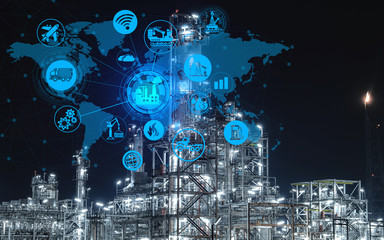 Industry 4.0 concept of Oil refinery with global energy network icon, Industrial petrochemical plant at night, Thailand