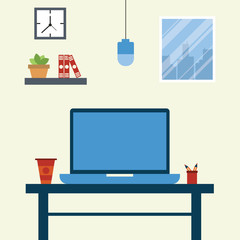 modern office interior with designer desktop showing design application