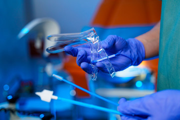 Gynecologic Speculum. Examination by a gynecologist. Female health concept.