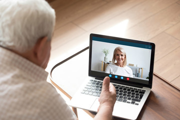 Fototapeta na wymiar Screen view happy pretty middle aged woman talking speaking chatting with older father husband, enjoying pleasant conversation online via computer video call, e-dating distant communication concept.