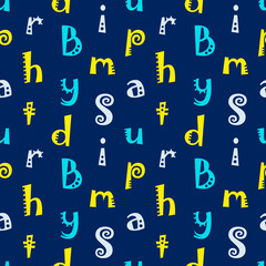 Colored letters on a blue background. Seamless pattern. Vector.