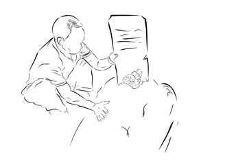 Simple Conceptual Vector, Very Sad Sitting Middle Age Man, Picking Up Wild Grass at His Wife Grave, Isolated on White