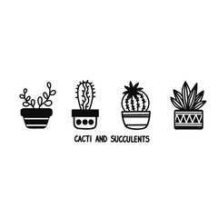 Vector drawings of cacti. Various linear cacti and succulents in flower pots and cups. Black-white vector illustration.