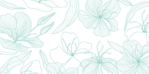 luxury vintage floral line arts wallpaper design. Exotic botanical wallpaper, vintage boho style for textiles, fabric, paper, banner website, cover design Vector illustration.  - obrazy, fototapety, plakaty