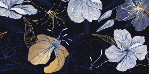 luxury vintage floral line arts golden wallpaper design. Exotic botanical wallpaper, vintage boho style for textiles, fabric, paper, banner website, cover design Vector illustration.  - 333390846