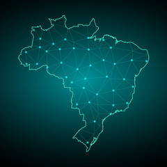 Map of Brazil from Polygonal wire frame low poly mesh, contours network line, luminous space stars, design sphere, dot and structure. Vector Illustration EPS10. - Vector