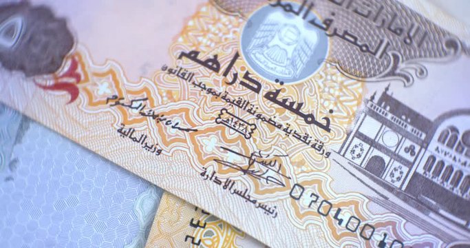 United Arab Emirates five dirham banknote, UAE Emirati money closeup