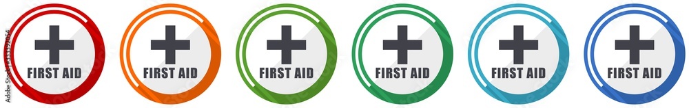 Aufkleber first aid icon set, flat design vector illustration in 6 colors options for webdesign and mobile app