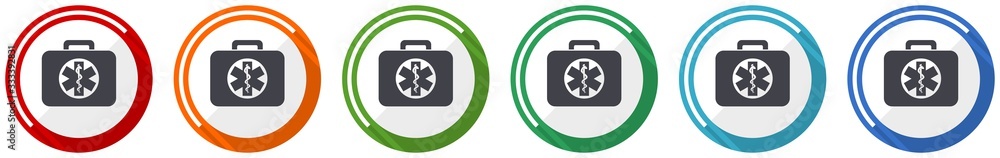 Aufkleber rescue kit icon set, flat design vector illustration in 6 colors options for webdesign and mobile ap