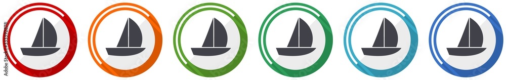 Poster yacht icon set, flat design vector illustration in 6 colors options for webdesign and mobile applica