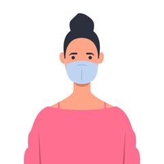 Young girl wearing a medical mask to prevent illness, flu, air pollution, polluted air, pollution of the world. Vector illustration in a flat style.