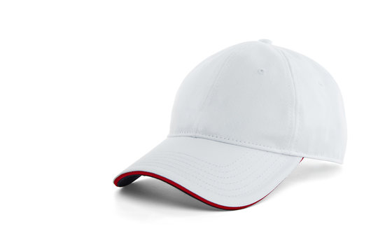 White baseball cap with a red stripe on the visor, isolated on a white background with a shadow.