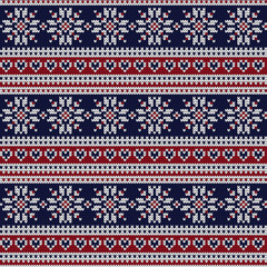 Winter knitted seamless pattern with snowflakes and hearts, Christmas decoration