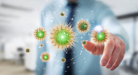 Man on blurred background analyzing coronavirus close-up 3D rendering