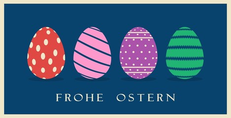 Osterei mit deutschen Oster Grüßen auf einem dunkel blauen Hintergrund. Übersetzung Deutsch in Englisch: Frohe Ostern ist Happy Eastern.