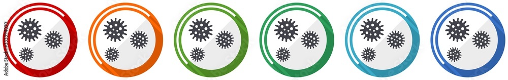 Poster virus icon set, bacteria, pathogen, infection flat design vector illustration in 6 colors options fo