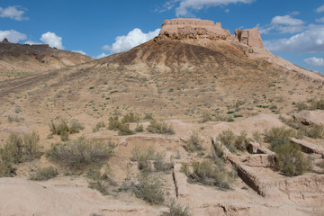 Desert landscape. Ayaz-Kala fortress (the most popular and picturesque fortress in the country). Nukus, Karakalpakstan, Uzbekistan, Kyzylkum Desert, Central Asia.