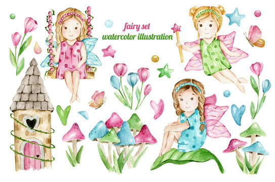 Hand drawn watercolor Fairy girl, forest castle and magic mushrooms and flowers. Pink, blue, green colors, cartoon character