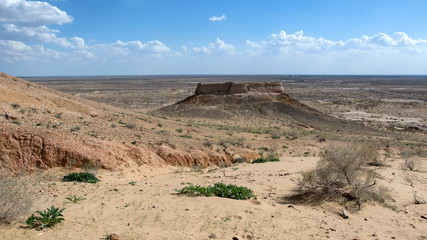 Desert landscape. Ayaz-Kala fortress (the most popular and picturesque fortress in the country). Nukus, Karakalpakstan, Uzbekistan, Kyzylkum Desert, Central Asia.