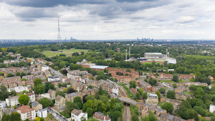 Crystal Palace London, UK. Beautiful park, cloudy sky with huge radio tower