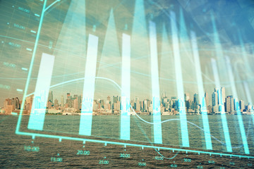 Forex graph on city view with skyscrapers background double exposure. Financial analysis concept.