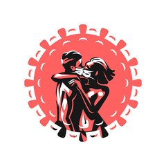 A man and a woman kiss in protective masks.