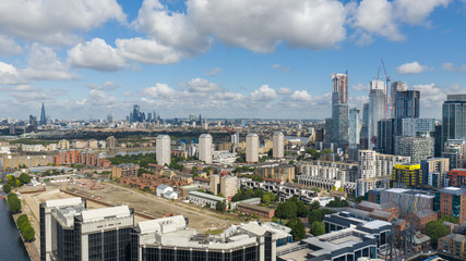 London Docklands, Aerial view of Canary Wharf Real Estate and business offices in financial district