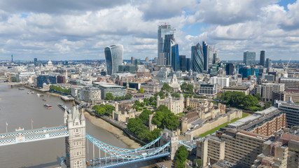 Fototapeta na wymiar London Skyline via Tower Bridge, Tower of London and famous finance district