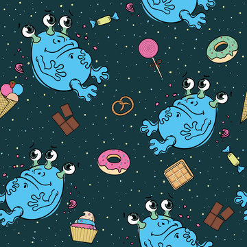 cartoon, cute three-eyed blue alien glutton in space surrounded by various sweets. starry sky background, seamless color vector pattern