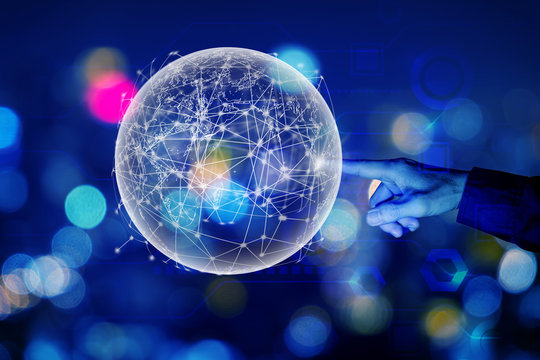 Hand touching the modern creative telecommunication and internet network connect in smart city, with 5G LTE data connection of global business in things future., fintech, blockchain.