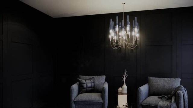 interior of a room with furniture, modern cafe concept, video 4k rotating shot 3d animation