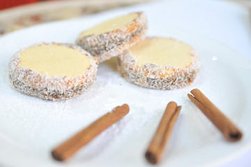 Coconut cookies. Coffee desserts. Delicious dessert with coffee.