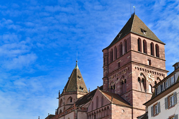 Fototapeta na wymiar Historical Lutheran St Thomas Church tower, also called 'Eglise Saint Thomas' in French in Strasbourg city in France